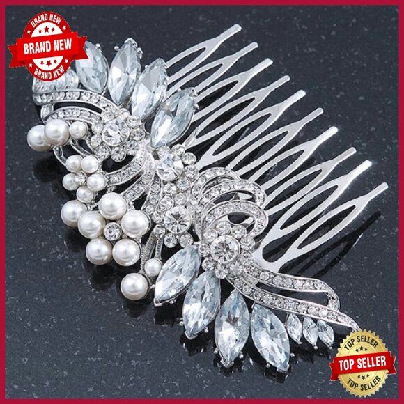 Rhodium Plated CZ Pearl Floral Side Hair Comb 100mm Wedding Party main image 5